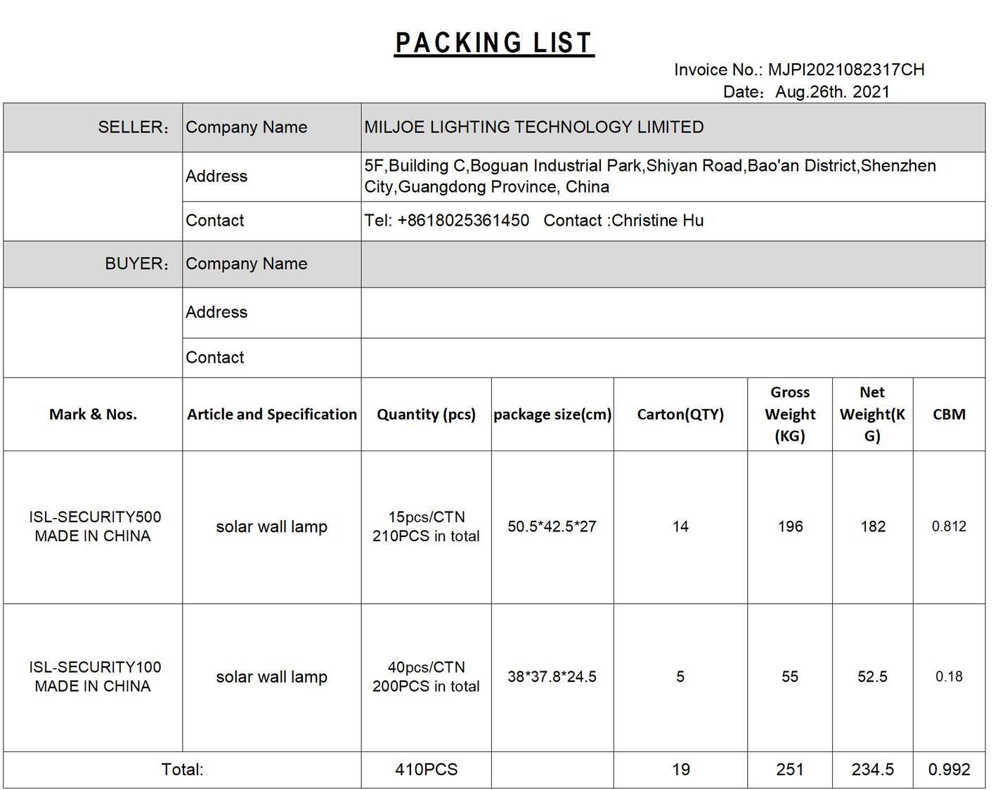 Packing List